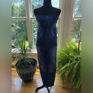 Denim Button Up Strapless Jumpsuit